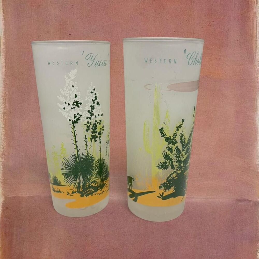 Vintage “Western” Cowboy Collectible Yucca Cholla Cactus Frosted Glass Tumblers - Picture 2 of 7